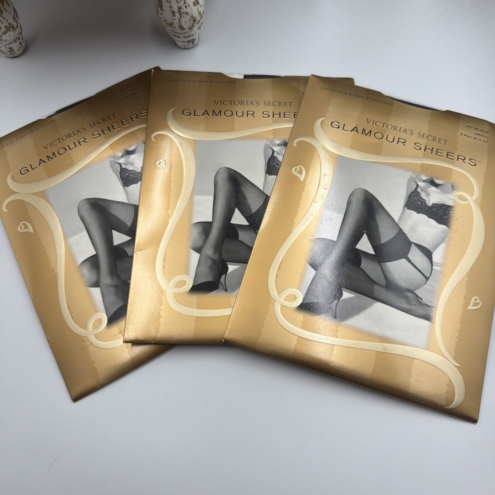 Victorias Secret Glamour Sheers Black Thigh High Stockings 2pr X3pkg Small NEW